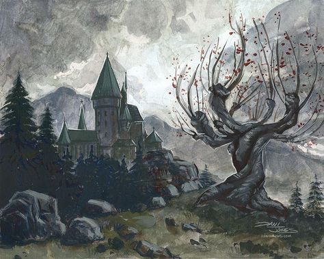 Harry Potter Gouache, Harry Potter Gouache Painting, Harry Potter Willow Tree, Christmas Gouache, Hogwarts Artwork, Wallpaper Male, The Whomping Willow, Hogwarts Painting, Fanart Harry Potter