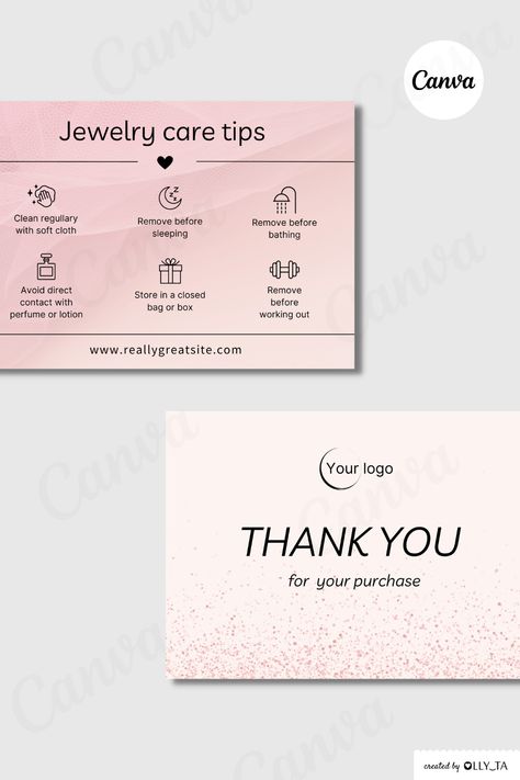 Pink Minimalist Aesthetic Jewelry Care Instru Tag Line For Jewellery Business, Canva Jewelry Template, Thank You Card Jewellery Business, Aesthetic Thank You Card Ideas, Aesthetic Packaging Ideas For Jewelry, Thank You Card For Jewelry Business, Jewellery Care Tips Card, Logos For Jewelry Business, Jewellery Logo Design Ideas Aesthetic