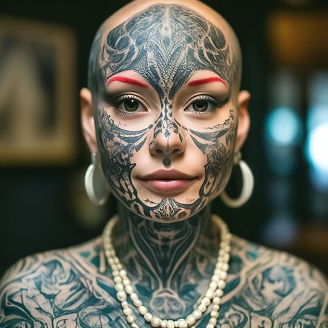 #tattoo Shave Eyebrows, Horrible Tattoos, Tattooed Lady, Master Tattoo, Full Tattoo, Blackout Tattoo, Fat Art, Skull Art Drawing, Tattoed Women