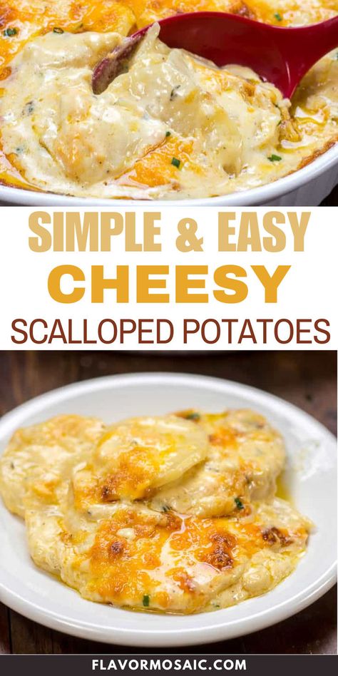 Our Simple & Easy Cheesy Scalloped Potatoes are drenched in a creamy, cheesy, garlicky cream sauce and then covered in more cheese! They make a perfect comfort food side dish for all your holiday dinners! The keys to making this recipe work are using real heavy cream, real butter, and a good quality cheddar cheese that has been freshly grated, instead of a package of pre-shredded cheese. Easy Cheese Potatoes, Easy Cheesy Scalloped Potatoes, Cheese Scalloped Potatoes, Easy Scalloped Potatoes Recipe, Potato Side Dishes Easy, Cheesy Scalloped Potatoes Recipe, Cream Cheese Potatoes, Scalloped Potatoes Easy, Cheesy Scalloped Potatoes