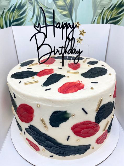 Red And Black Cake Design, Red Black White Cake, Black And Red Cake Ideas, Red And Black Cake Ideas Birthdays, Black And Red Birthday Cake, Red And Black Birthday Cake, Guys Birthday Cake, Black Happy Birthday Cake, Simple Cake Designs For Men