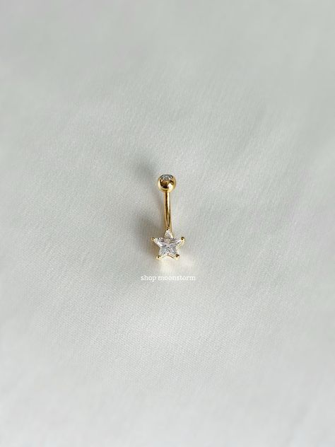 - 14g - 10mm bar - Surgical steel bar - Cubic zirconia star charm Star Belly Piercing, Gold Navel Piercing, Floating Navel Piercing, Belly Button Piercing Aesthetic, Gold Belly Button Piercing, Belly Button Piercing Cute, Belly Button Piercings, Gold Belly Button Rings, Navel Piercing Jewelry