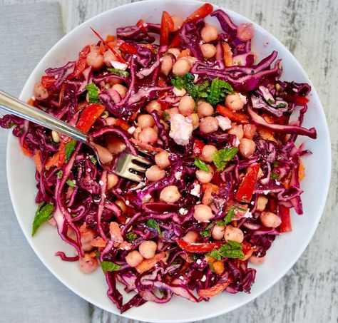 Mediterranean Red Cabbage and Chickpea Salad - Olive Tomato Chickpea And Rice Recipe, Mediterranean Salads, Roasted Peas, Olive Tomato, Red Cabbage Recipes, Red Cabbage Salad, Greek Chickpeas, Mediterranean Salad, Pea Salad