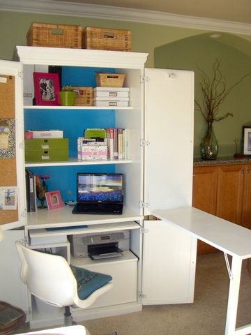 An office cabinet with a fold out table. This might working for my sewing area. Armoire Desk Home Offices, Organizing Desk, Hidden Office, Craft Armoire, Fold Out Desk, Armoire Desk, Fold Down Desk, Computer Armoire, Fold Out Table