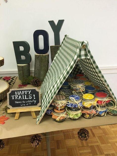 Adventure Baby Shower Theme, Camping Baby Shower Theme, Baby Shower Themes For Boys, Camping Baby, Trendy Baby Shower Themes, Adventure Baby Shower, Baby Boy Shower Favors, Outdoor Baby Shower, Themes Ideas