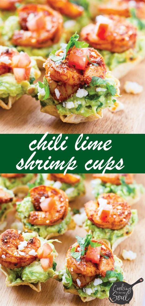 Chili Lime Shrimp Cups! These easy shrimp bites are made with chili lime shrimp and homemade guacamole. These are perfect for game day! #cookingformysoul Chili Lime Shrimp Cups, Shrimp Taco Cups, Shrimp Starter, Shrimp Cups, Shrimp Bites, Superbowl Ideas, Guacamole Bites, Burrito Bar, Quick Guacamole