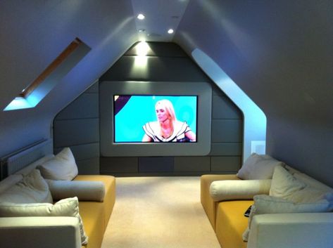 Wonderland Room For The Whole Family 18 Marvelous Attic Home Cinema Designs Attic Media Room, Home Cinema Design, Loft Conversion Bedroom, Attic Renovation Ideas, Finished Attic, Cinema Design, Attic Playroom, Attic Loft, Attic House