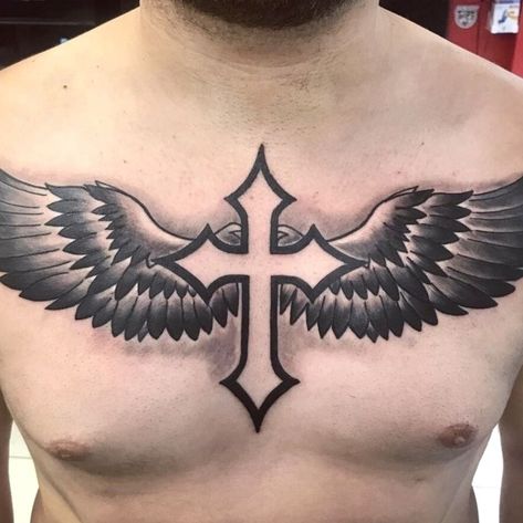 Cross wings tattoo #tattooideas #mentattoo #quotetattoos #tattoos #tattooideas Cross And Wings Tattoo Design, Chest Tattoo Men Ideas Wings, Cross With Wings Tattoo Designs, Wings Tattoo On Chest, Cross And Wings Tattoo, Tato Neck, Cross Wings Tattoo, Chest Tattoo Wings, Chest Tattoo Men Ideas