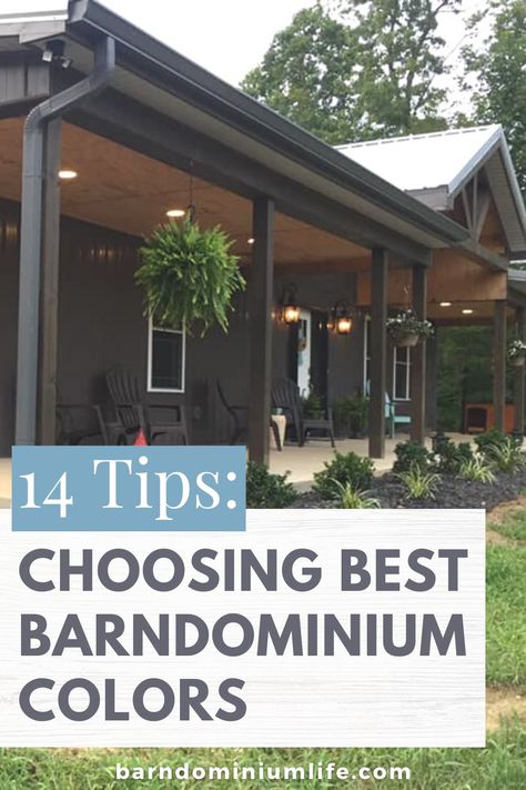 This featured Tennessee Barndominium interior uses light colors which makes the entire house look very simple, bright, spacious, and airy. Finding the right combination of colors might be tough so here are 14 tips for choosing your barndominium paint colors! #barndominiumcolors Barndomium Exterior Colors, Barndominium Garage Interior, Metal House Color Schemes, Paint Metal Building, Barndominium Landscape Ideas, Metal Home Colors Scheme, Simple Shop House Interior, Metal Colors For Houses, Barndominium Exterior Color Ideas