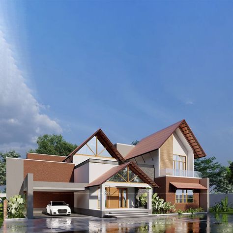 Truss roof house design Home Front Wall Design, Modern House Front Elevation, House Front Elevation Design, House Front Elevation, Sloping Roof, Apartments Exterior, Front Wall Design, Classic House Exterior, Kerala House Design