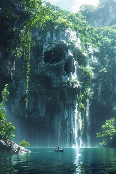 #SereneNaturalScene #Waterfall #GiantCreatureSkull #EtherealAtmosphere #Mystical #Cinematic #2:3AspectRatio #Stylize750 #TheCandie Stylized Waterfall, Creepy Jungle, Lake With Waterfall, Waterfall Statue, Mystical Waterfall, Dnd Landscape, Fantasy Waterfall, Statue Ideas, Surrealist Landscape