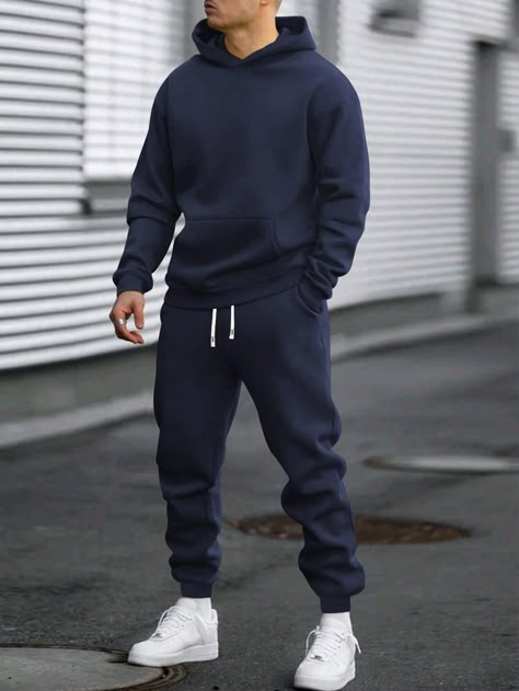 2pcs Men's Basic Solid Color Hooded Sweatshirt And Elastic Waist Drawstring Pants Set, Casual Sportswear Outfit Royal Blue Casual    Plain  Non-Stretch All Men Clothing, size features are:Bust: ,Length: ,Sleeve Length: Mens Athletic Outfits, Mens Sweatpants Outfit Casual, Sweatsuits Men, Sporty Winter Outfits, Men In Hoodies, Mens Joggers Outfit, Nike Set, Sportswear Outfits, Guys Fits