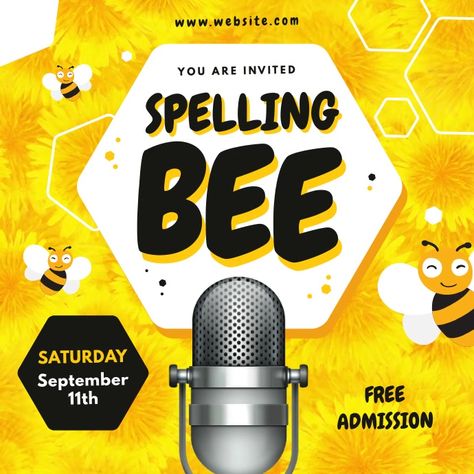 Bee Poster Design, Spelling Bee Decorations, Bee Video, Spell Bee Competition, Bee Poster, Travel Book Design, Contest Poster, Bee Invitations, Gift Tags Birthday