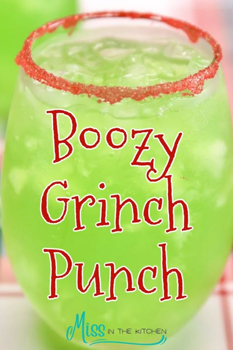 Grinch Punch is a fun party drink for Christmas made with vodka for the adults or without for the kids. A festive lemon-lime punch served up with a red sugared rim. Grinch Punch Alcohol, Large Batch Christmas Cocktails, Christmas Alcoholic Drinks Recipes, Grinch Drink, Grinch Punch, Drinks Christmas, Holiday Drinks Alcohol, Xmas Drinks, Christmas Drinks Alcohol Recipes