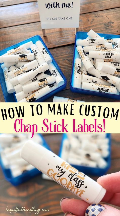 Since I was making these personalized chapstick as a party favor for a gradation party, I thought I'd make a quick video to show you how. I am using my Cricut Explore 3 to cut printable vinyl and Cricut Design Space to design the lip balm labels. Easy and inexpensive custom party favor!! Chapstick Labels Printable Free, Diy Chapstick Labels, Cricut Party Favors, Custom Chapstick, 50th Birthday Party Diy, Relief Society Birthday Gifts, Lip Balm Tube Labels, Diy Chapstick, Personalized Chapstick