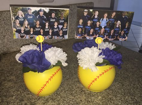 U made these from dollar store items, yellow spray paint, and a red paint pen. Softball banquet centerpieces Softball Centerpieces, Softball Party Decorations, Softball Banquet, Softball Room, Sport Crafts, Baseball Banquet, Softball Sign, Softball Birthday, Softball Decorations