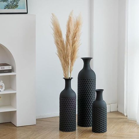 Metal Floor Standing Vase Set of 3 Modern Honeycomb Texture Big Standing Vase for Living Room Dining Bedroom Home Corner Hallway Indoor Office Modern Corner Decor, Large Vase With Pampas, Corner Floor Decor, Black Floor Vase Decor, Decorative Vases Living Room, Large Faux Plants Living Room, Tall Floor Decor, Tall Corner Decor, Decor For Corner Of Living Room