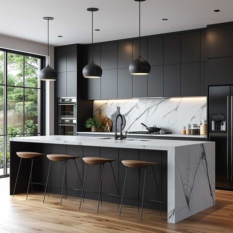 Black And White Kitchen Inspiration, Black Kitchen Worktop Ideas, Black Kitchen With White Countertops, Black Cabinet Kitchen Ideas, Kitchen Ceiling Cabinets, Black Scandinavian Kitchen, Kitchen Tops Counter, Black Kitchen With Island, Medium Kitchen Ideas