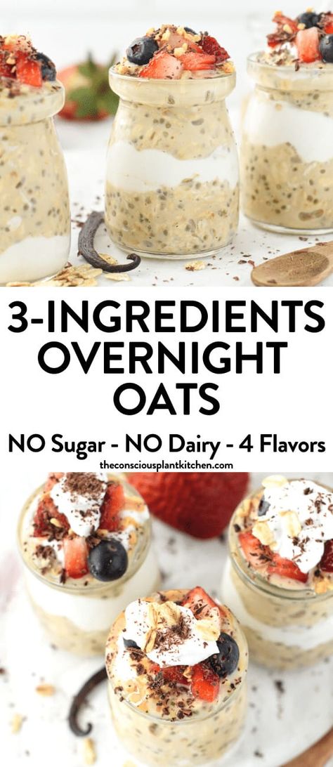 The most easy 3-ingredients Overnight Oats recipe for an healthy breakfast everyday of the week. Plus, this recipe provide 6 delicious flavors option to make everyday breakfast tasty and nourishing. Overnight Oats Pudding Powder, Vanilla Protein Overnight Oats, Overnight Oats Vanilla, Gluten Free Overnight Oats, Basic Overnight Oats Recipe, Vanilla Overnight Oats, Healthy Protein Breakfast, Overnight Oats In A Jar, Overnight Oats With Yogurt