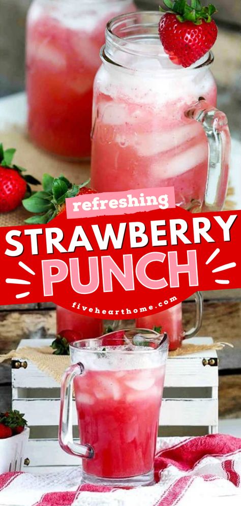 Make this refreshing Strawberry Punch to add to your Spring cocktail recipes! This homemade drink features fresh strawberries and pineapple juice. Pin this easy Spring drink! Strawberry Punch Recipes, Strawberry Punch, Party Punch Recipes, Strawberry Drinks, Drink Recipes Nonalcoholic, Summertime Drinks, Refreshing Drinks Recipes, Homemade Drinks, Healthy Drinks Recipes