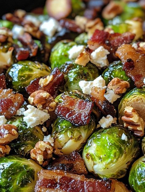 Maple Glazed Brussel Sprouts With Bacon Walnuts And Feta, Maple Glazed Brussel Sprouts, Glazed Brussel Sprouts, Brussel Sprouts With Bacon, Brussels Sprouts With Bacon, Sprouts Recipe, Bacon Brussel Sprouts, Autumn Recipes, Sprouts With Bacon