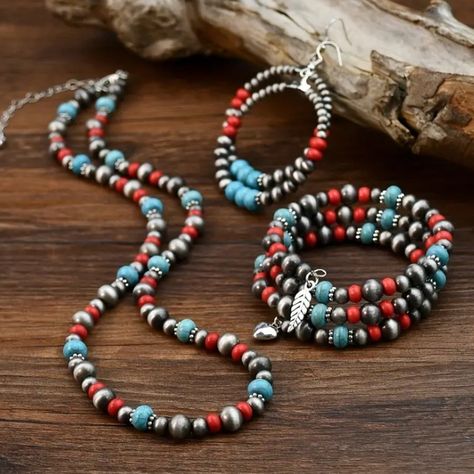 3pcs Total Bundle - Set New With Tags Nwt Brand New Never Worn Handmade Hand Crafted Item Earrings Plus Necklace Boho Style Jewelry Set Multi Layer Design Beaded Style Silver Red Blue Torquoise Aqua Feather Aztec Unique Statement Piece Sets Bundle Match Daily Outfits ; Any Season Occasion Holiday/ Wedding Summer Spring Date Night Unique Rare Silver Hardware Beaded Hoop Slip In Earrings And Beaded Red And Blue Silver Necklace With Matching Braclet Women Woman Kids Gifts Birthday Anniversary Just Southwest Beaded Jewelry, Stretch Beaded Bracelets Diy, Beaded Jewelry Earrings, Spring Date, Free People Jewelry, Diy Bracelet Designs, Southwest Jewelry, Bracelets Diy, Boho Style Jewelry