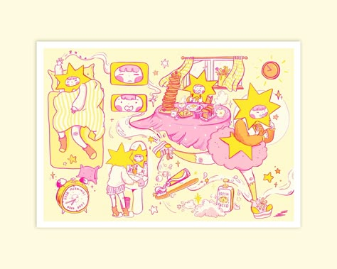 Rise & Shine! This fluorescent A3 risograph print celebrates mornings and the joy that comes with a brand new day. This is a 2 colour risograph print, printed in Yellow and Fluorescent Pink inks on 190gsm context natural cardstock. If you're new to riso, it's a printing process that uses soy-based inks and is very eco-friendly! Risograph printers can print in neon shades, such as Fluorescent Pink used in this print! Due to this, riso prints do not photograph true to colour, but images 2-5 give y Zine Cover Design Illustrations, Risograph Comic, A Brand New Day, Riso Print, Brand New Day, Risograph Print, Bullet Journal Lettering Ideas, Silk Screen Printing, Cute Illustration