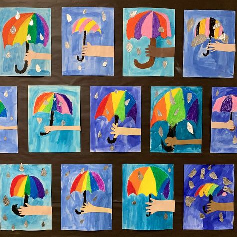 Senior Infants Art, Umbrella Art Project, Rainy Day Umbrella, Senior Infants, Kindergarten Art Crafts, Kids Umbrella, Weather Crafts, Sun Projects, Kids Umbrellas