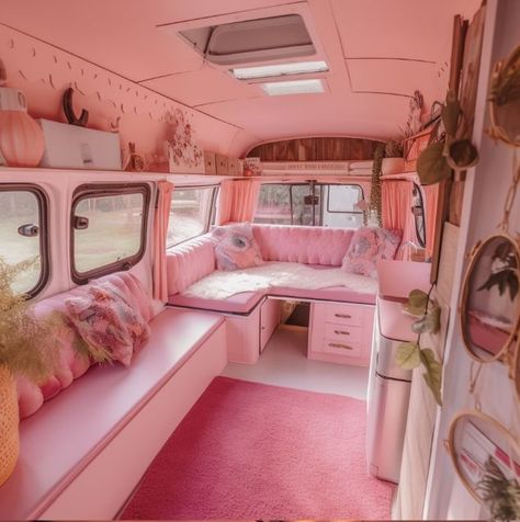 Barbie Rv Campers, Pink Camper Van Interior, Cute Van Interior, Pink Van Life, Pink Rv Interior, Pink Camper Interior, Barbie Dream House Decor, Pink Mobile Home, Cute Camper Interior