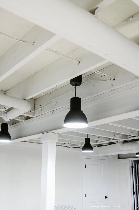 Painted Basement Ceiling, Bungalow Basement, Basement Shop, Basement Door, Industrial Basement, Ceiling Basement, Basement Ceiling Ideas, Basement Lighting, Basement Finishing