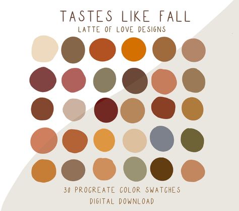 Procreate color palettes are a perfect way to keep cohesive colors organized right at your finger tips while using the procreate app. This is a handpicked color palette made up of my favorite hand picked fall inspired color swatches. After purchase you'll download the file from a web browser (safari, chrome, etc.) NOT the Etsy app. Once files are down slides and you open the file the palette will automatically import into procreate. You will find this palette ready to go in your procreate palett Fall Color Pallet, Procreate Color Palettes, Procreate Color Palette, Fall Palette, Fall Things, Color Schemes Colour Palettes, Fall Color Palette, Color Palette Design, Procreate App