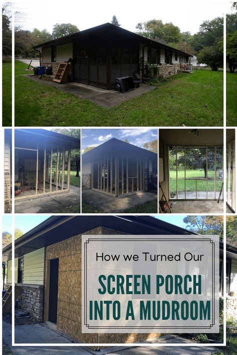 How to Turn A Screen Porch Into a Mudroom via @BrightGreenDoor. Corner Screen Porch, Corner Mudroom, Screen Porch into Four Season Porch, Screen Porch Conversion Building A Mudroom, Porch To Mudroom, Corner Mudroom, Porch Building, Four Season Porch, Porch Mudroom, Carport Makeover, Closed In Porch, Mudroom Addition