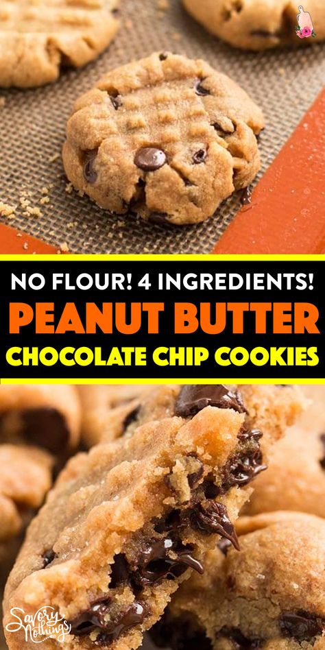 Flourless Cookies, 4 Ingredient Recipes, Easy Peanut Butter Cookies, No Flour Cookies, Peanut Butter Chocolate Chip Cookies, Peanut Butter Cookie Recipe, Easy Peanut Butter, Peanut Butter Chocolate Chip, Peanut Butter Recipes