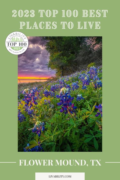 Flower Mound, Texas, is known for its wildflowers, just as its name promises! No secrets here. See why this flower-filled state is ranked one of the best places to live in the U.S. #FlowerMoundTexas #bestplaces2023 #Top100PlacesToLive #livability Flower Mound Texas, Texas Christian University, Safe Neighborhood, Places To Live, Flower Mound, Best Places To Live, Bike Trails, Best Cities, Medical Care