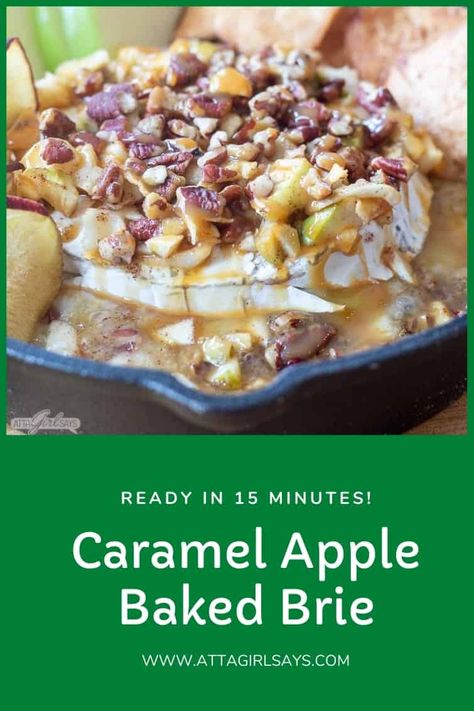 Serve this caramel apple baked brie with apple slices, cinnamon pita chips or dried apple chips. This is a party fave -- easy prep and bakes in minutes! | Appetizers | Party Food | Caramel Apple | #bakedbrie #caramelapple #partyfood #appetizers #briecheese Apple Baked Brie, Easy Baked Brie Recipe, Dried Apple Chips, Melted Brie, Apple Topping, Brie Recipes, Cheese Trays, Fall Appetizers, Fall Foods