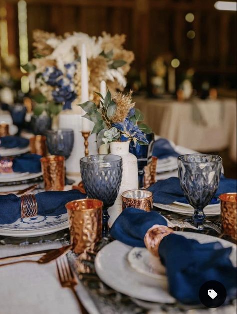 Navy Wedding Mood Board, Steel Blue And Burnt Orange Wedding, Navy Blue And Copper Wedding Table Decor, Dusty Blue And Copper Wedding Theme, Terracotta And Blue Centerpieces, Navy Blue And Rust Wedding Table Settings, Navy And Rust Table Setting, Orange And Blue Rustic Wedding, Terracotta And Blue Wedding Decor