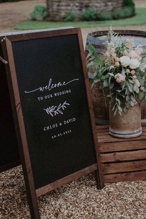 Chalkboard wedding welcome sign Wedding Signage Chalkboard, Rustic Signage, Rustic Wedding Signage, Coral Dresses, Fitted Lace Wedding Dress, Signage Wedding, Coral Bridesmaid, Industrial Chic Wedding, Wedding Welcome Board