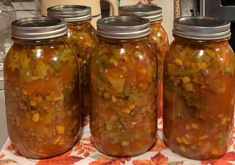 A Hearty Delight: Canning Hamburger Vegetable Soup Canning Hamburger Vegetable Soup, Canning Hamburger Soup, Ground Beef Canning Recipes, Canning Vegetable Soup Recipes, Canning Vegetable Soup, Canning Hamburger, Spicy Pickled Onions, Can Soup Recipe, Vegetable Puree Soup