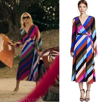 Riviera: Season 2 Episode 4 Georgina's Rainbow Stripe Wrap Dress | Shop Your TV Riviera Fashion, Clio Style, Julia Stiles, Worn On Tv, Where To Buy Clothes, Movie Fashion, Fashion Tv, Clothes Style, Style Crush