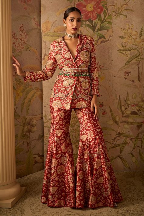 Shop for Ridhi Mehra Red Raw Silk Icon Floral Print Jacket And Pant Set for Women Online at Aza Fashions Ridhi Mehra, Trendy Outfits Indian, Diwali Outfits, Floral Print Jacket, Red Ochre, Indian Dresses Traditional, Traditional Indian Outfits, Party Wear Indian Dresses, Sharara Set