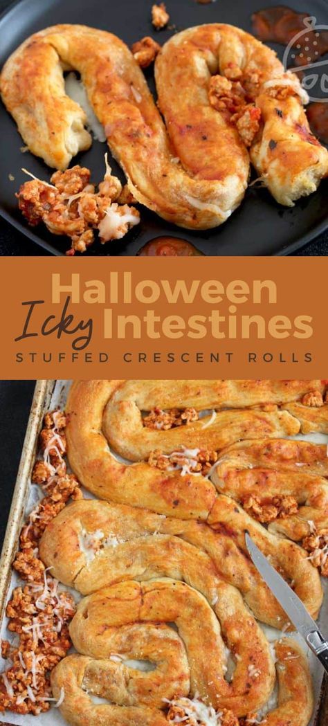 These Stuffed Crescent Rolls got a spooky makeover right in time for your next Halloween dinner party! These Halloween Icky Intestines are insanely tasty and ghoulishly fun! Filled with turkey, marinara and cheese. They taste a lot like pizza which makes them kid-friendly and a crowd pleaser. #halloween #dinner #creepy #party #easy #recipe #foracrowd Appiterzers Easy Recipes Halloween, Halloween Food Main Dish, Pillsbury Halloween Recipes, Scary Movie Snack Ideas, Halloween Garlic Knots, Spooky Halloween Dinner For Kids, Sausage Halloween Food, Halloween Main Meals, Dinner Ideas Halloween