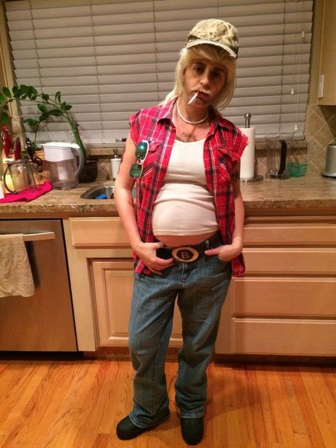 Trucker Costume Halloween, White Trash Family Costume, Hill Billy Party Outfit, Red Neck Halloween Costume, Red Neck Halloween Costumes, Hillbilly Halloween Costumes, White Trash Pregnant Costume, Canadian Halloween Costume, Trashy Halloween Costumes