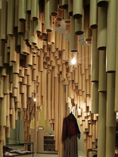 I love how the tubes have been suspended from the ceilings and how they're used for an unusual method of division of space. Clever! | #Cardboard Tubes | The Resource Exchange Deco Studio, Cardboard Sculpture, Tube Design, Japanese Architect, Cardboard Art, Cardboard Tubes, Green Style, Cardboard Furniture, Design Office