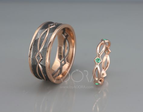 ✿ THE JEWELS Handmade solid 14k rose gold Celtic wedding rings set with Emeralds. This wedding rings set designed symbolizing the bond between a man and a woman and how they complete each other. The LADY's ring is designed from delicate rose gold wires with a polished finish and set with 5 emerald gems to add unique glittering light to the ring. The MAN's band is designed with the rose gold wires soldered on the rough faceted black surface. This set was designed as if the woman's ring was crafte Lotr Inspired Wedding Rings, Norse Wedding Rings, Elvish Wedding Rings, Nerdy Wedding Rings, Celtic Wedding Ring Sets, Celtic Wedding Bands, Wedding Rings Set, Tattoo Wedding Rings, Celtic Wedding Rings