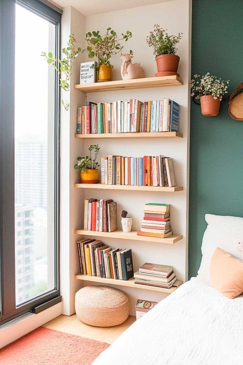 Built In Shelves For Small Bedroom, Bookshelf For Corner Wall, Book Shelves In Master, Bookcase In Corner Of Living Room, Shelves In Small Living Room, Corner Wall Shelf Bedroom, Bedroom Shelves Design, Hanging Book Shelfs, Bookshelf Guest Room