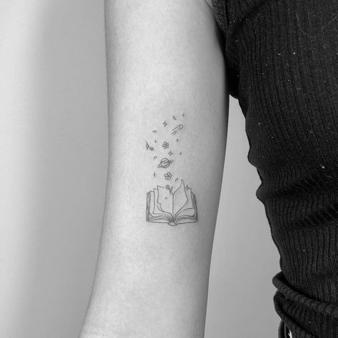 Hailey Blossom Tattoo studio on Instagram: “By @millie.ink Lic no. 4472752 #brisbane#ink#tattoo#finelinetattoo#fineline#haileyblossom#brisbanetattoo#tattooartist#book#booktattoo” Tiny Book Lover Tattoo, Minimal Book Tattoo Ideas, Books Tattoo Small, Small Tattoos For Readers, Colorful Book Tattoos, Little Book Tattoo, Mini Book Tattoos, Book Tattoo Fine Line, Fineline Book Tattoo