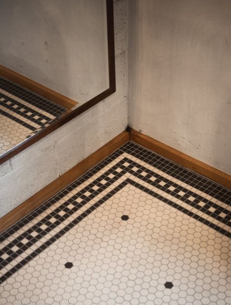 Pickings & Parry, Melbourne – Olde English Tiles™ Tiles Bathroom Floor, English Tiles, Floor Pattern Design, Black And White Tile, Entry Tile, Hexagon Floor, Barber Chairs, Floor Pattern, Tiled Hallway