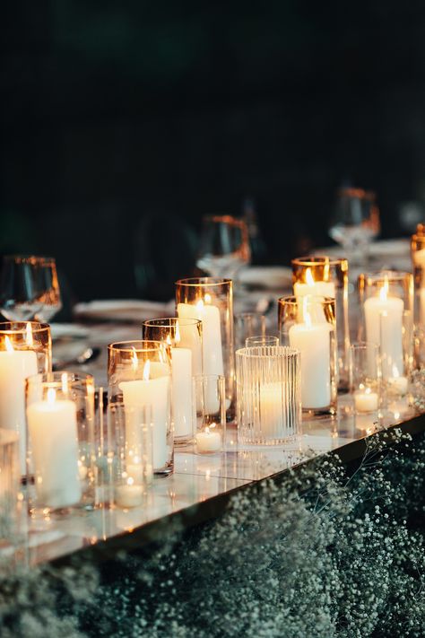 Candle Jar Wedding Decor, Reception Table Decorations Candles, Candle Outdoor Wedding, Wedding Table Lots Of Candles, Table Full Of Candles, Tall And Short Candles Wedding, Candle Centerpieces Wedding Rectangle Table, Candles On Table Decoration, Top Table Candles