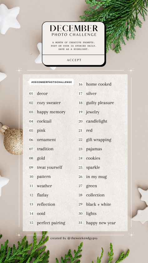 December Prompts 2023, Photography Prompts, December Photo Challenge, December Challenge, Photo Prompts, Instagram Emoji, Things To Do When Bored, Story Prompts, Creative Pictures