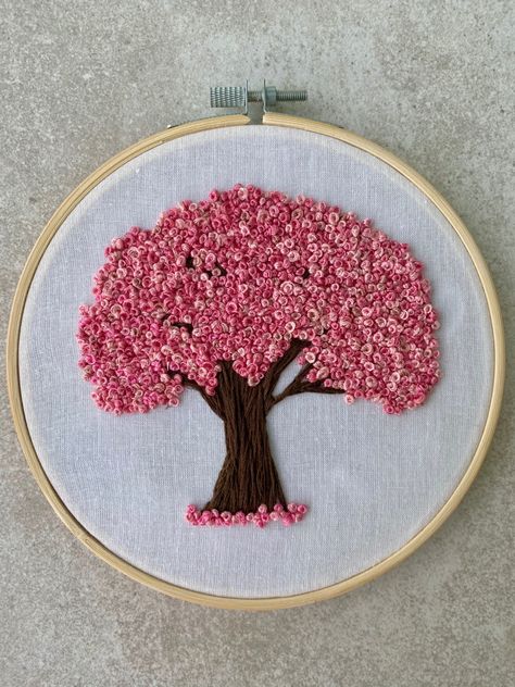 French Knot Designs Ideas, Embroidery Tree Design, Frenchknots Embroidery Design, Cherry Tree Embroidery, French Knot Stitch Embroidery Designs, Embroidery Frame Wall Decor, Cherry Blossom Tree Embroidery, French Knot Embroidery Designs Ideas, Blossom Tree Embroidery